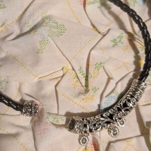 Black Braided Cord Necklace with Ornate Silver Filigree Charms
